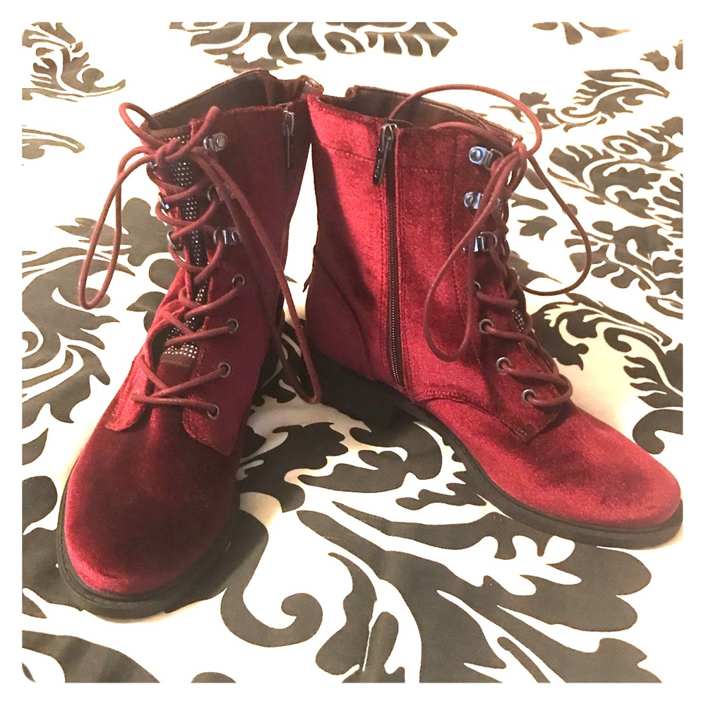 Burgundy Velvet Combat Boots